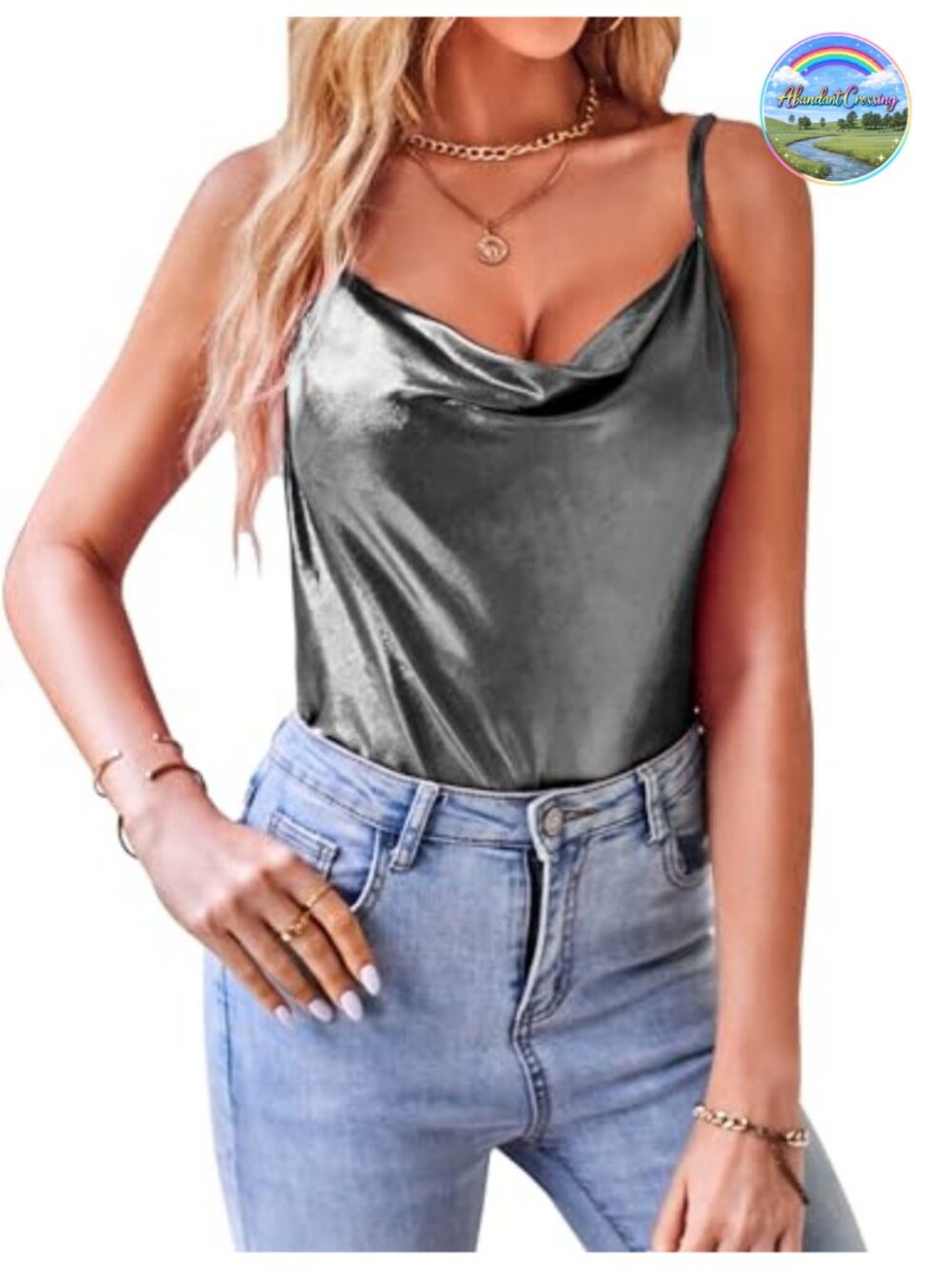 Women Sparkly Camisole Cowl Neck Disco Party Tank Top Glam Evening Shimmer